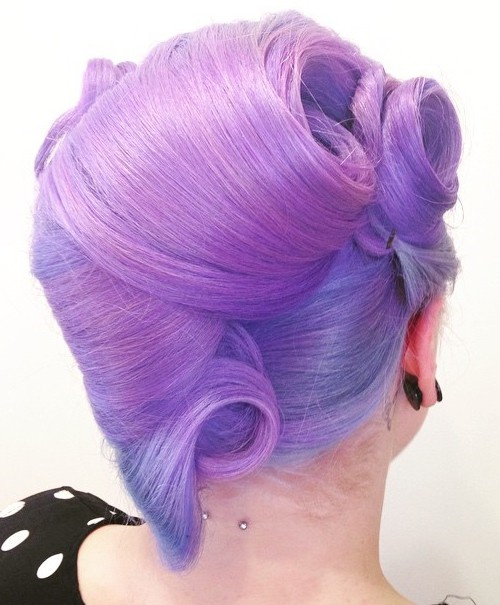 purple updo with side and back victory rolls