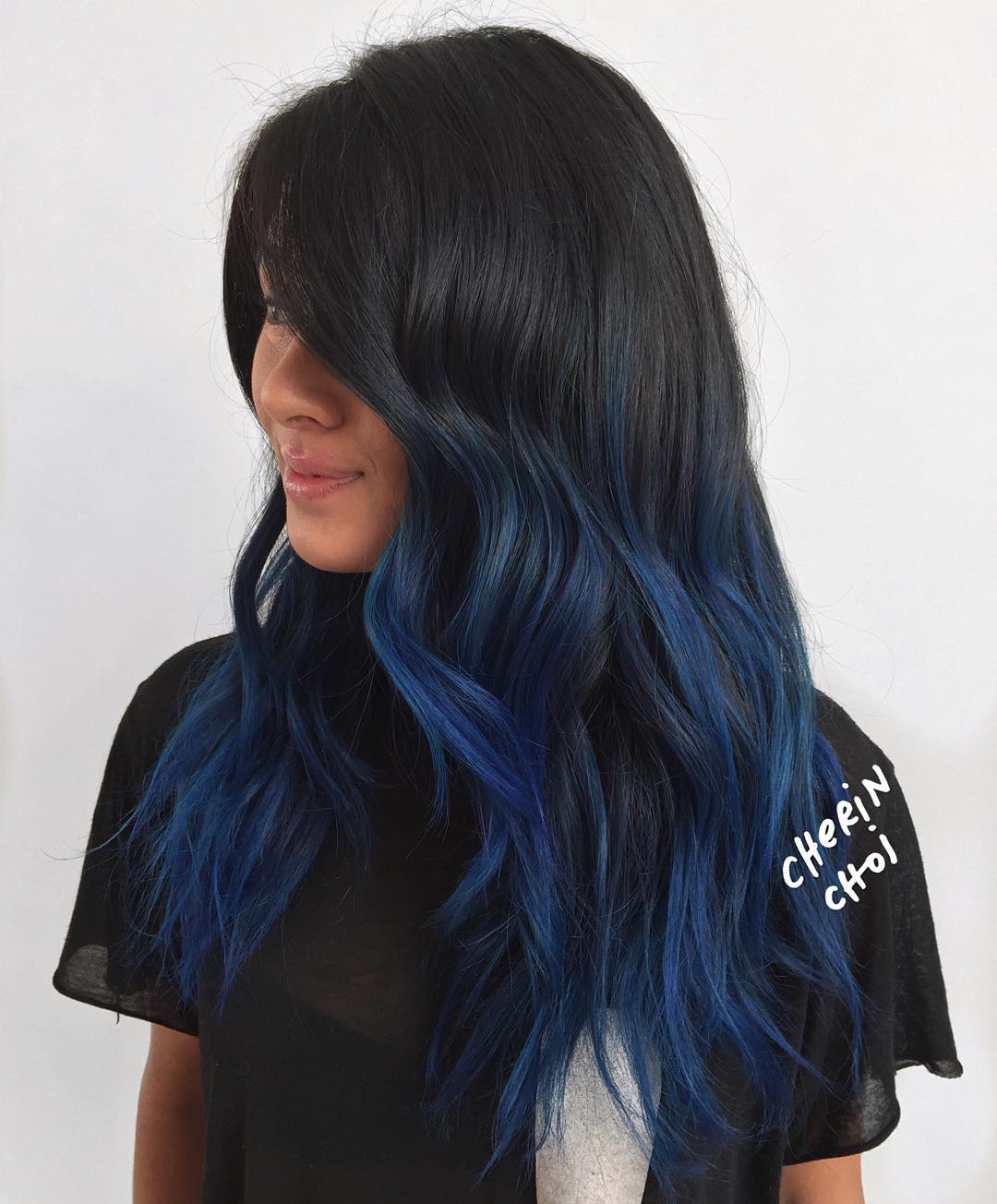 Black Hair With Blue Balayage Highlights