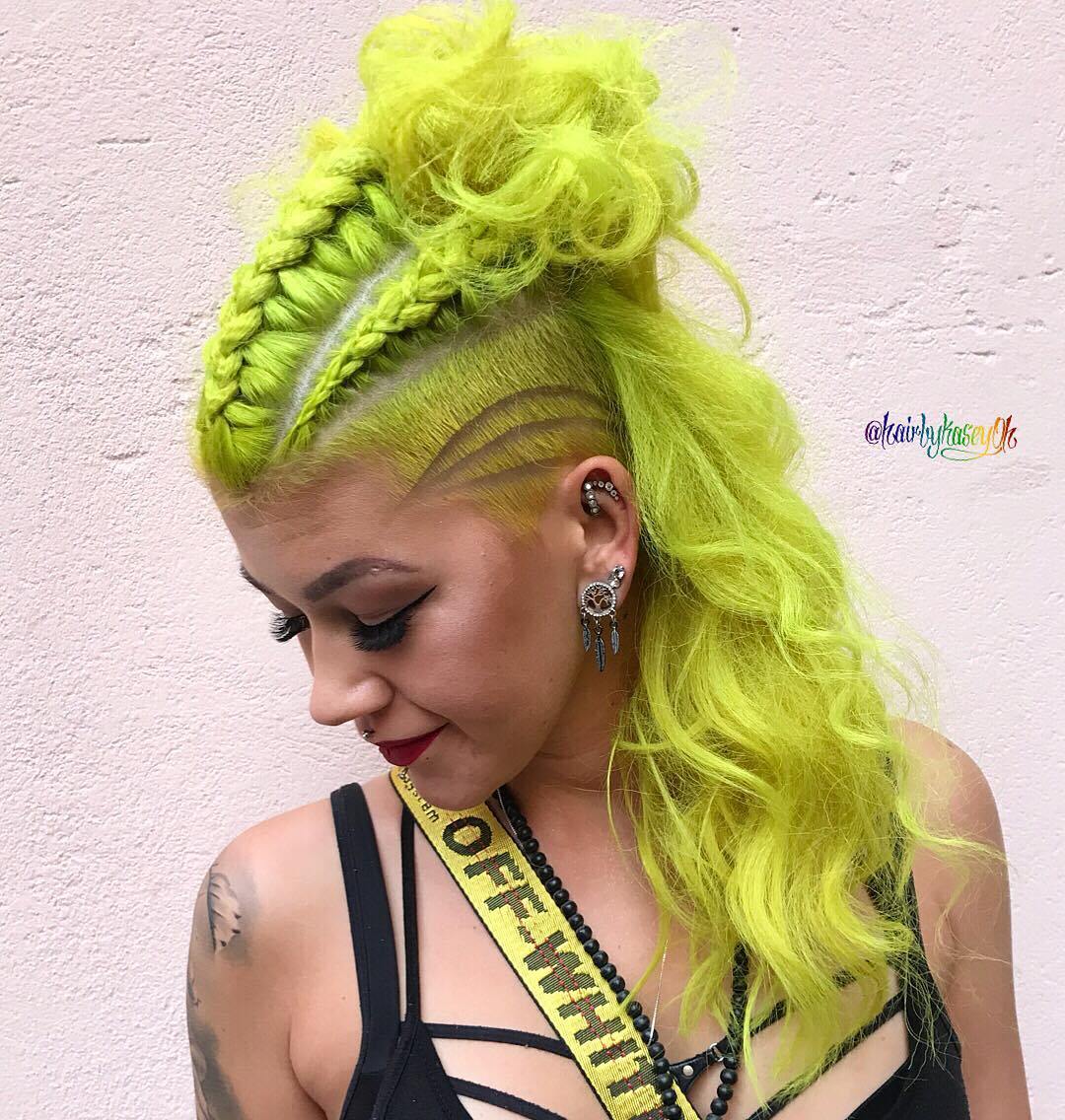 Lime Green Hair Color Braided and Shaved Hairstyle