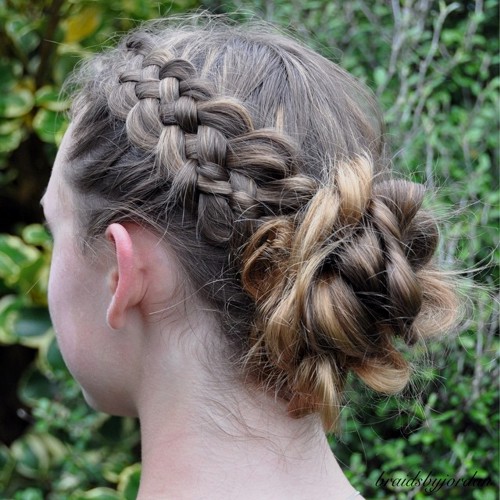 messy braid and bun updo for girls