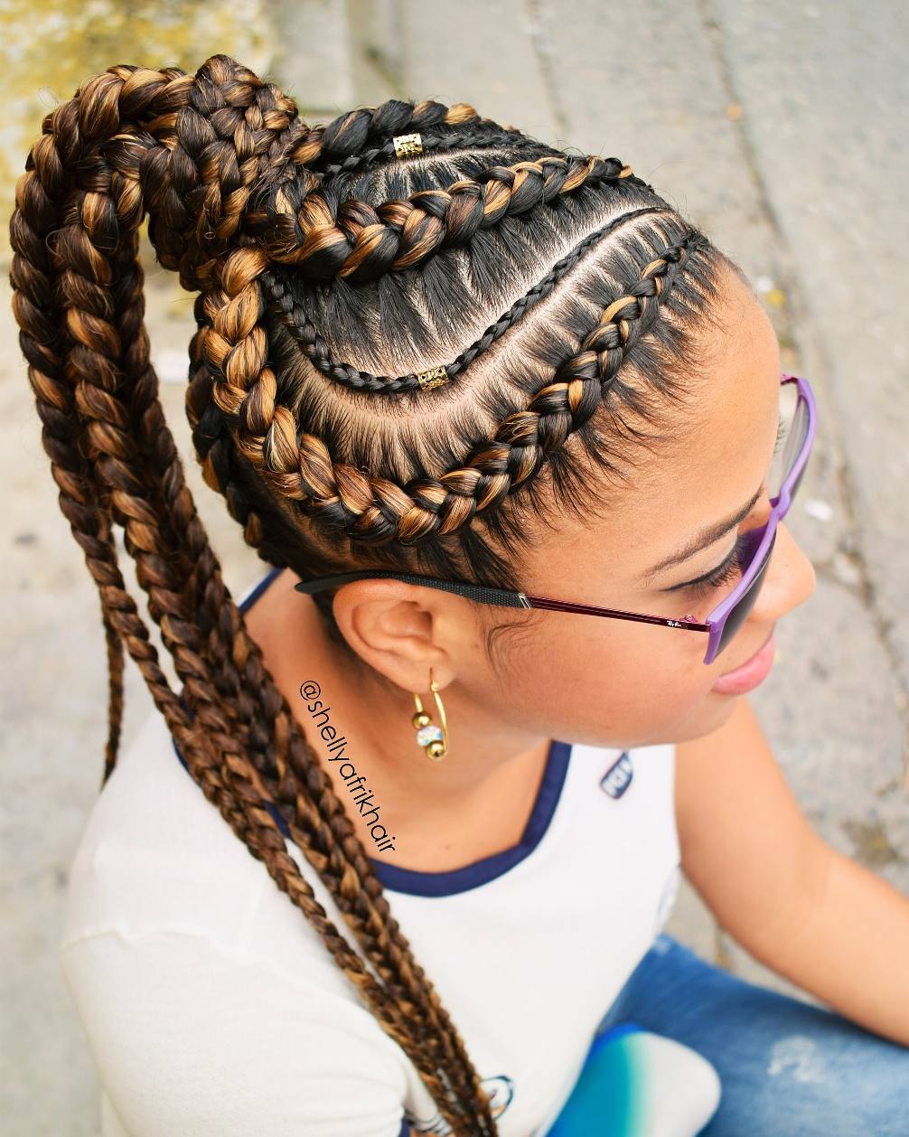Brown And Caramel Goddess Braids In Wrapped Ponytail