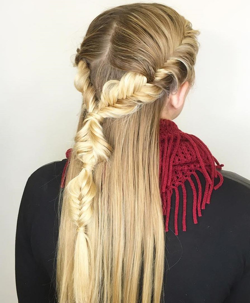 creative half up hairstyle with fishtail braid