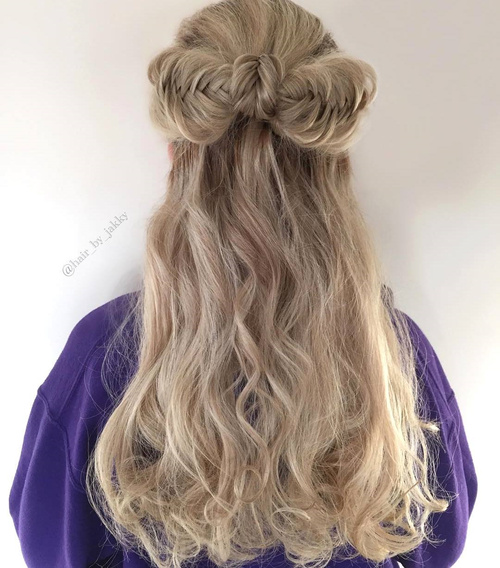 half updo with fishtailed bow