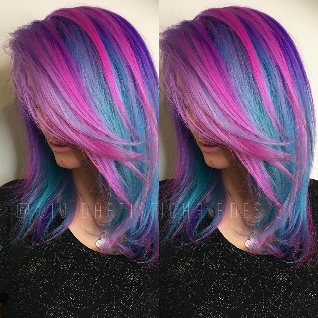 Teal Hair With Chunky Pink Highlights