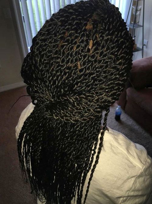 Senegalese twists flip in half up ponytail