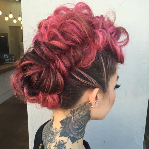 pink funky mohawk updo with messy fishtail braid