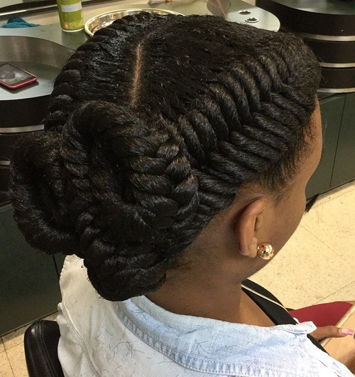 two fishtails twisted updo for black women