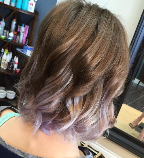 light brown hair with silver and lavender balayage