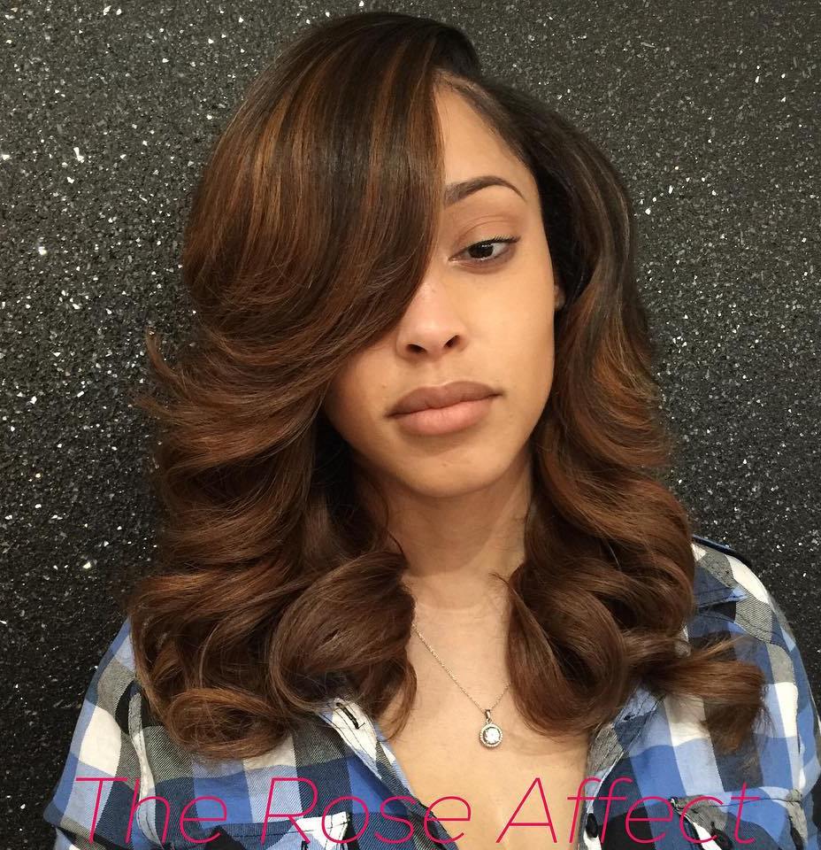 Brown Weave Hairstyle With Bangs And Highlights
