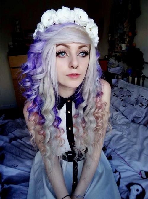 Platinum Hair With Purple and Pastel Pink Highlights
