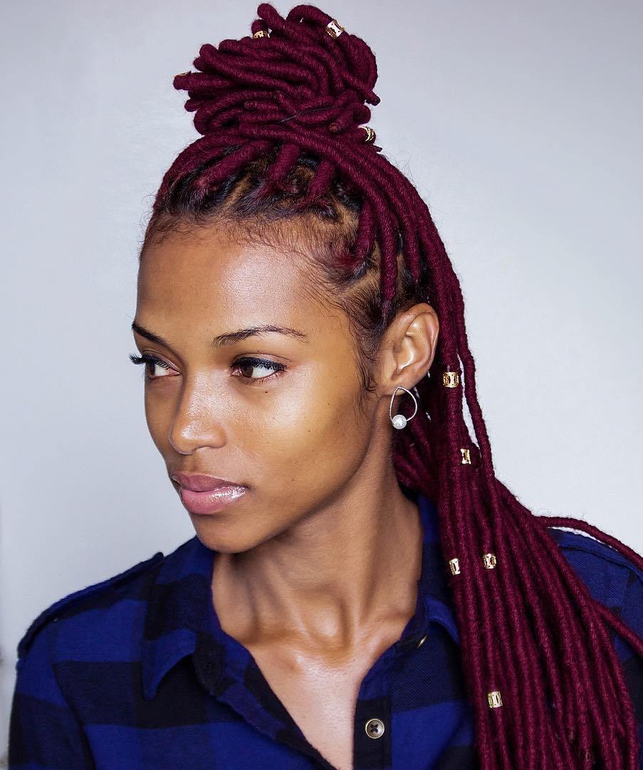 Burgundy Faux Locs With Beads