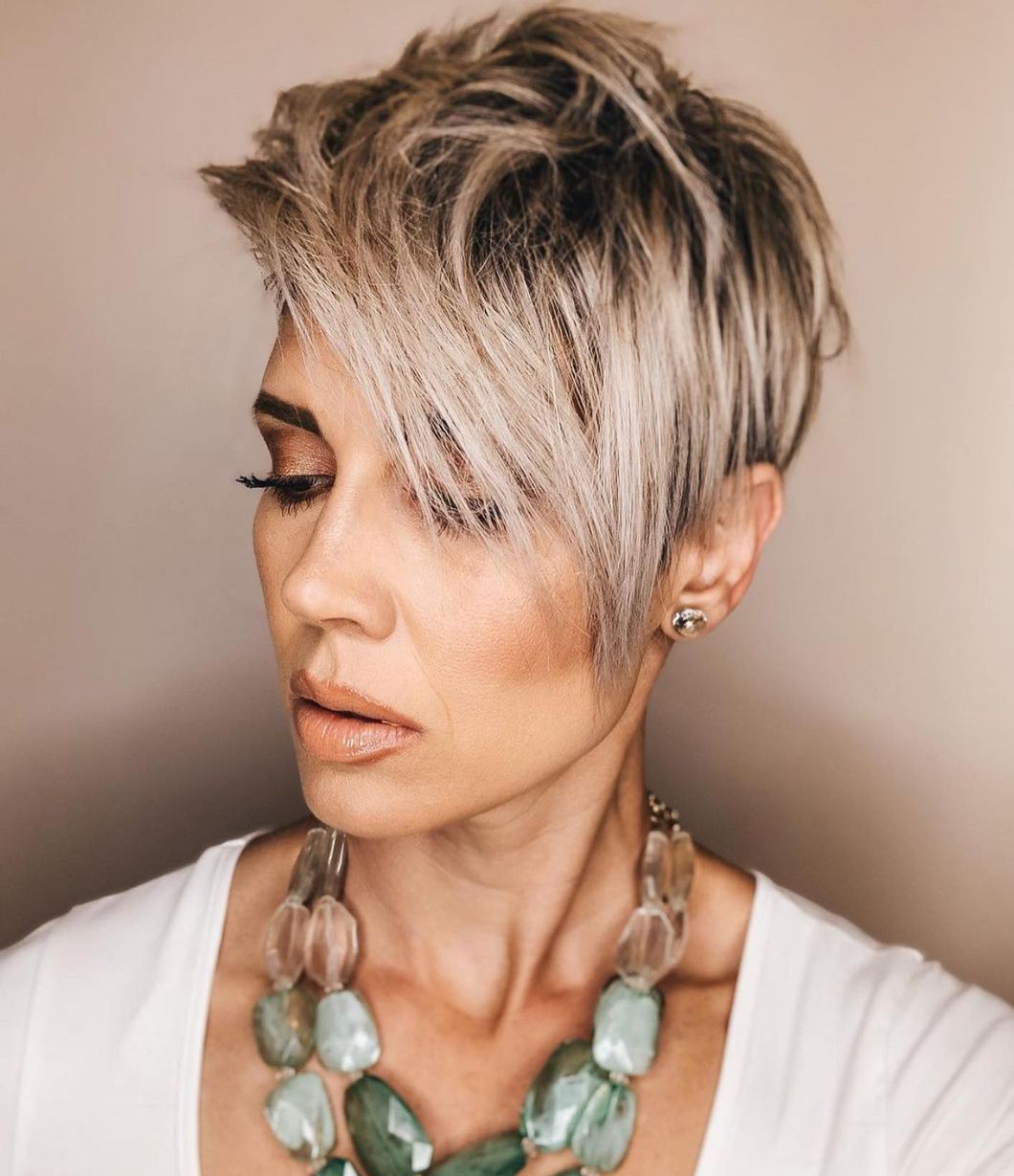 Sweeping Ash Blonde Pixie with Shadow Roots
