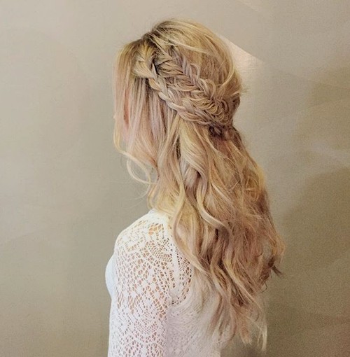 long wavy half updo with two braids