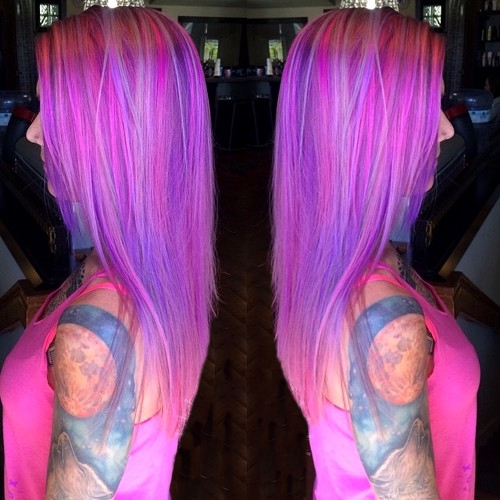 Violet Hair With Pink and Platinum Highlights