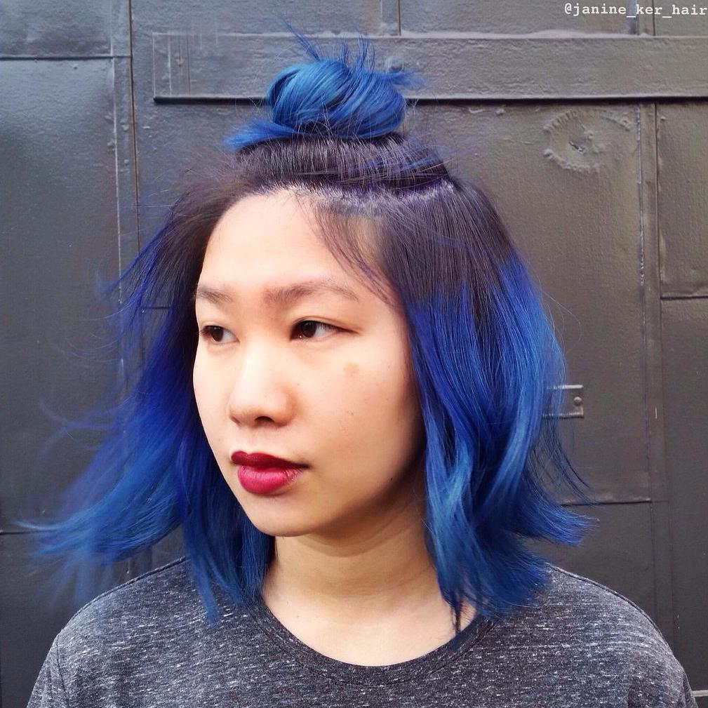 Bright Blue Bob With Brown Roots