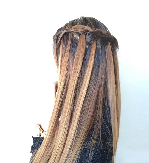 brown and caramel waterfall braid hairstyle