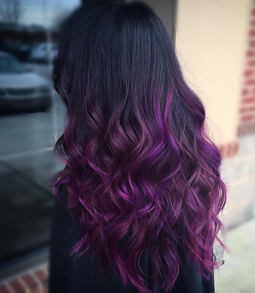 long black hair with reddish purple ombre