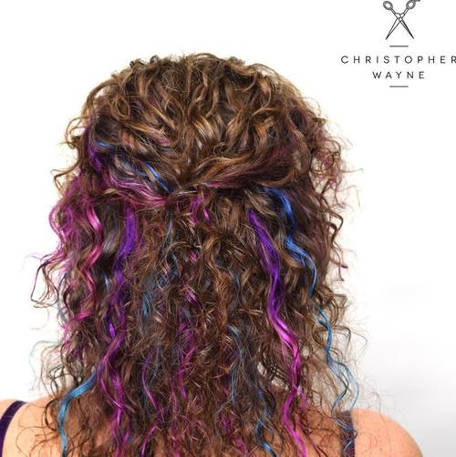 Curly Brown Hair with Blue and Purple Highlights
