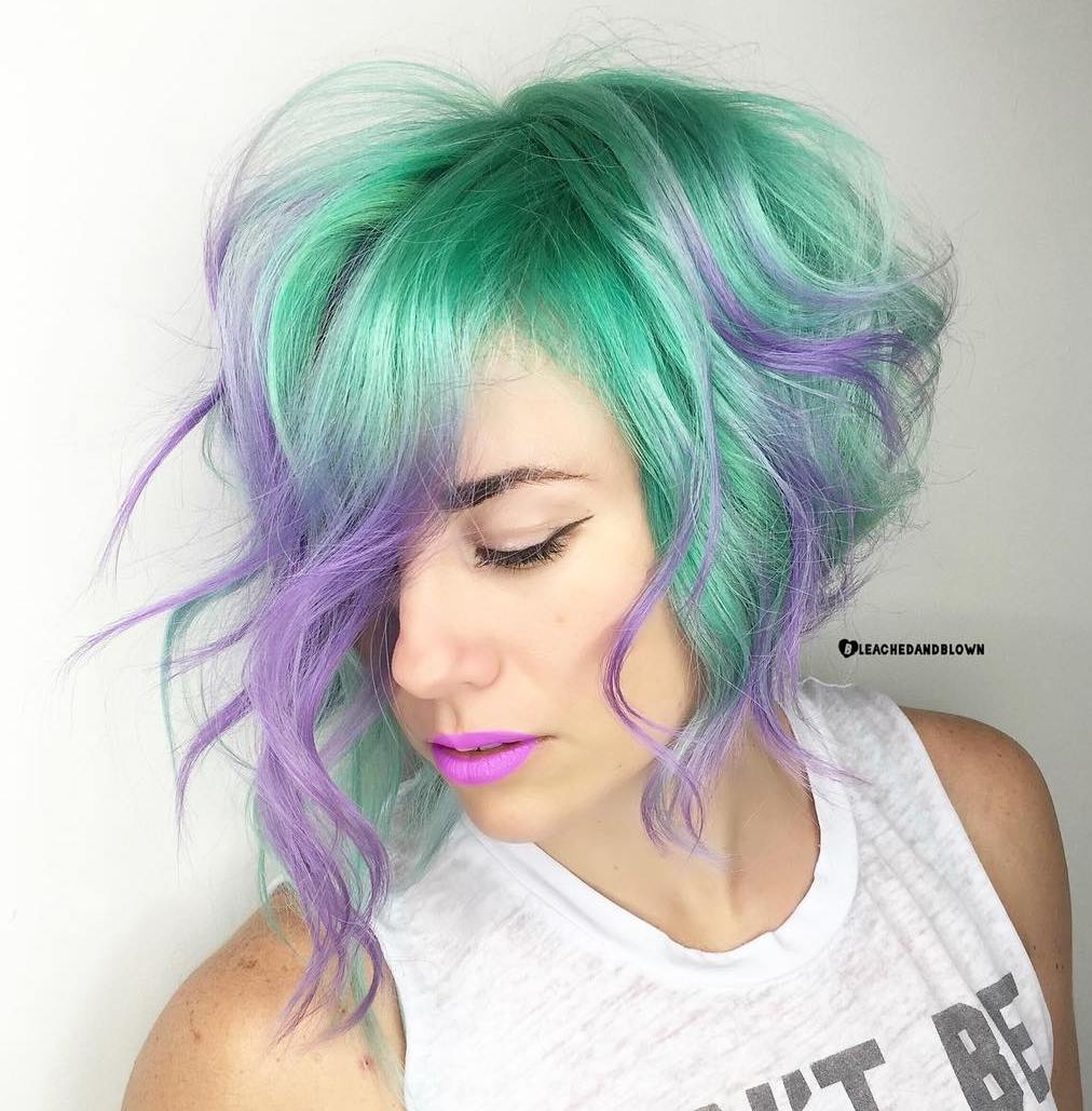 Pastel Teal Bob With Purple Highlights