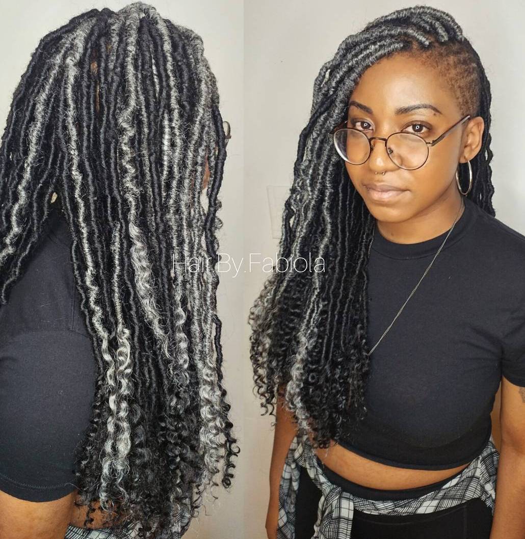 Black And Gray Faux Locs With Side Shave