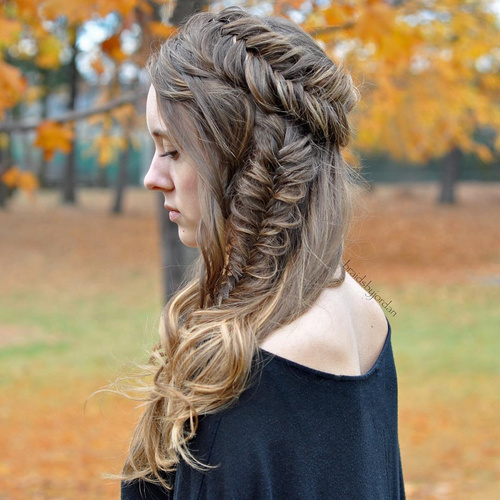fishtail crown and side braid hairstyle