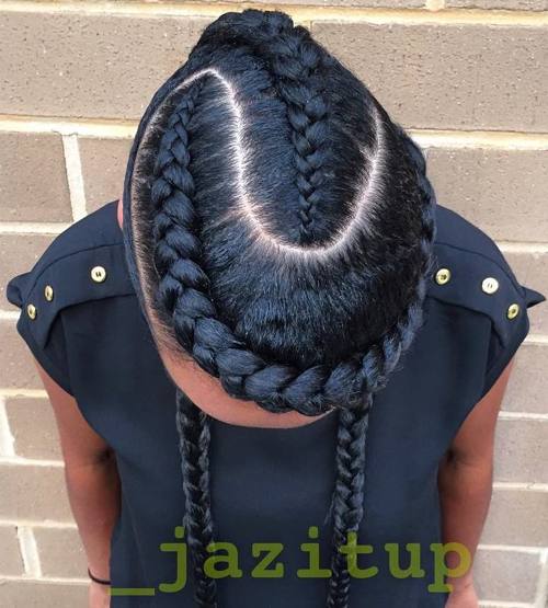 creative braided hairstyle with goddess braids