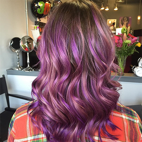 brown hair with pastel purple ombre highlights
