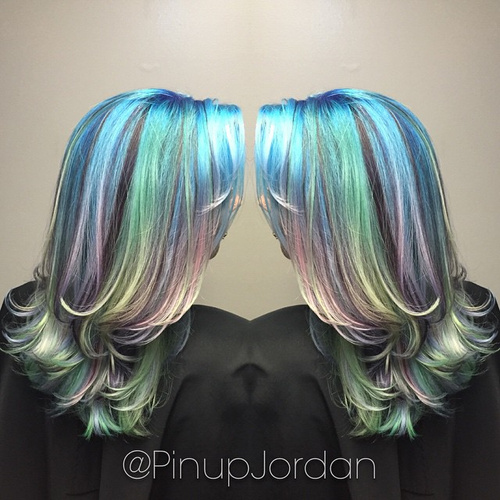 layered teal and lavender pastel hair
