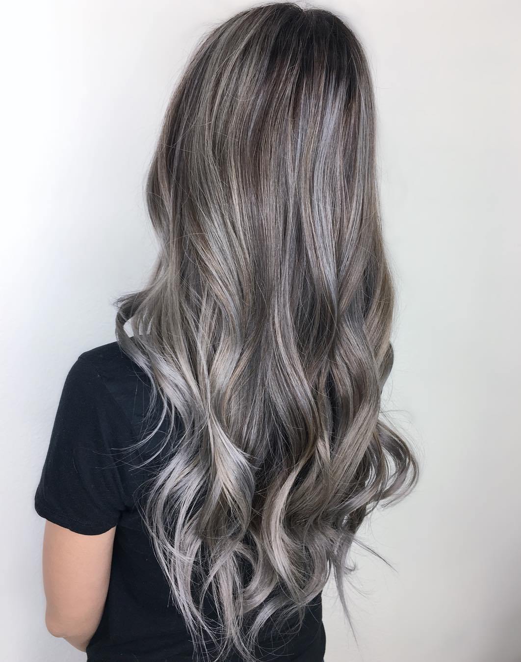 Long Silver Balayage Brown Hair