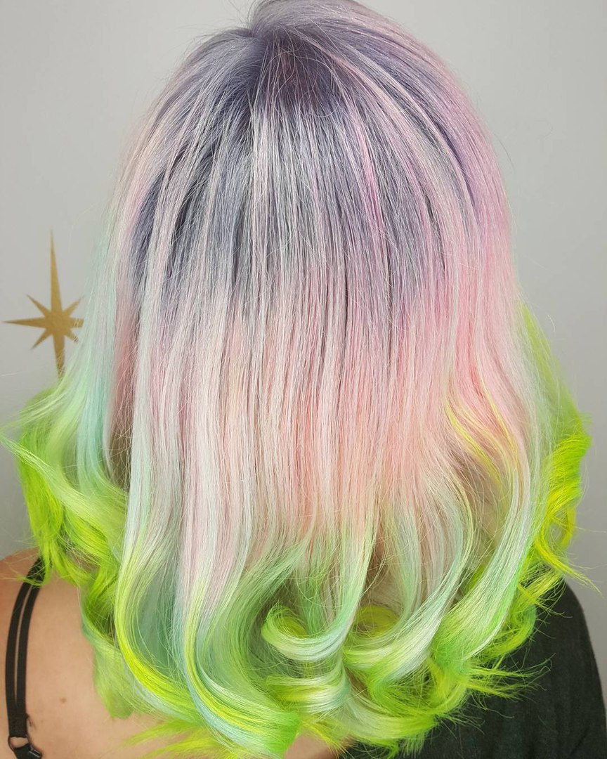Light Pastel Pink Hair With Lime Dip Dye