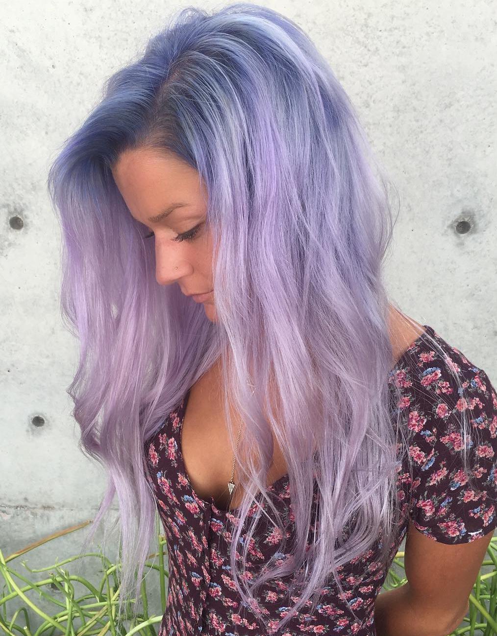 Long Pastel Purple Hair With Blue Roots