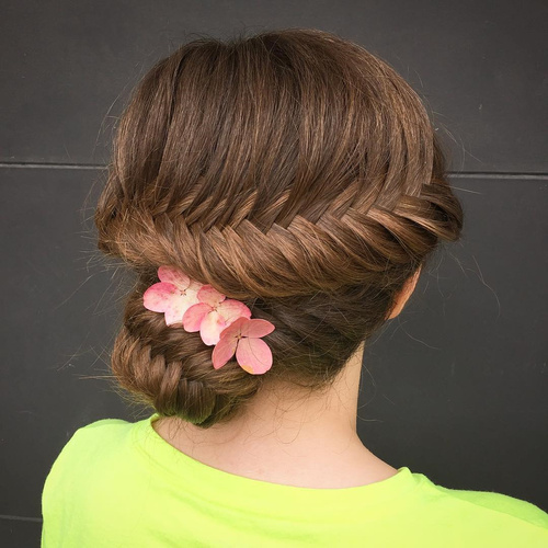fishtail updo with hair flowers