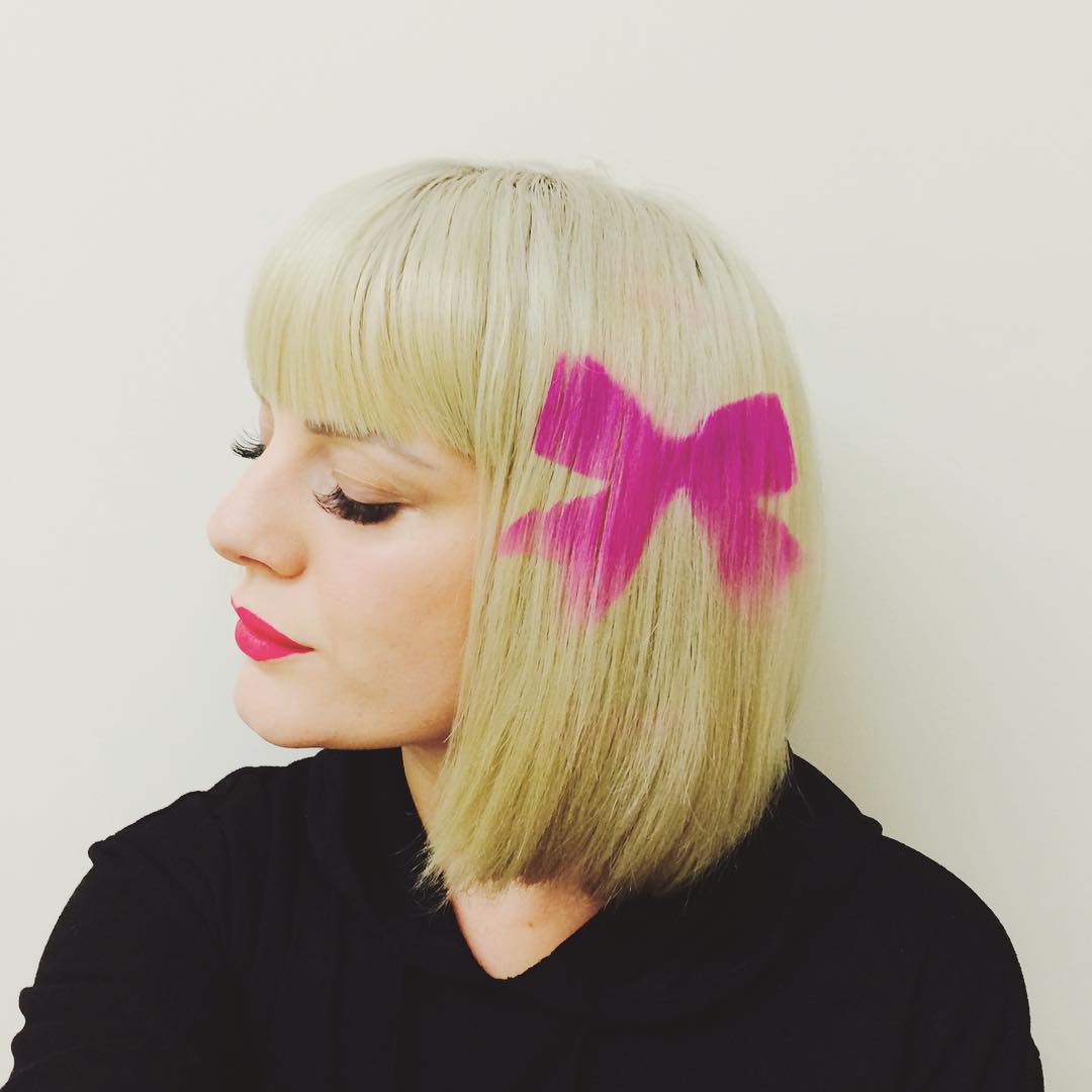 Blonde Bob With A Pink Bow Hair Tattoo