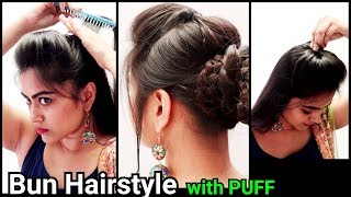 Ethnic Bun With Puff Hairstyle//Indian Festive Hairstyles//Party/Wedding Hairstyles For Long Hair