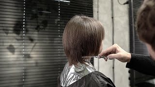 Modern Bob Haircut With Bangs: Straight Slice Haircut On Dry Hair