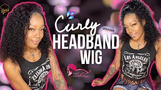 $65 Curly Headband Wig  16” Glueless Deep Wave Wig From Amazon  Feat. Tahikie Hair