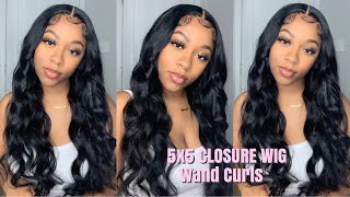 Wand Curls On Jet Black 5X5 Closure Wig Install Using Got 2B Freeze Spray | Klaiyi Hair