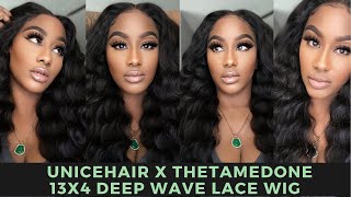 {Unicehair} 13X4 24In Black Deep Wave Lace Frontal Wig