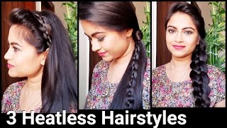 3 Heatless Hairstyles For Christmas And New Year//4 Strand Braid Indian Hairstyles For Long Hair
