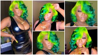 Color & Install |Lime Green Ombré, Lace Closure Quickweave Curled Bob |Thebeautifulhustlerbrand