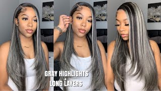 Platinum Gray Highlighted Side Part Wig Install + How To Cut Long Layers | Alipearl Hair
