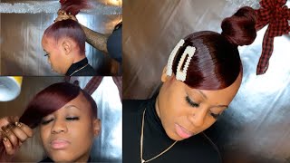 Swoop Bangs With Top Knot Bun Magenta Red Christmas Hairstyle
