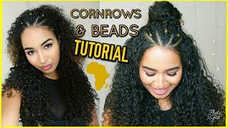 3 Braids/Cornrows & Gold Beads Curly Hairstyles Tutorial | Lana Summer