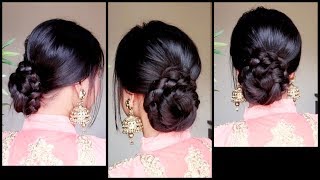 Quick Easy Braided Bun Hairstyle For Parties//Indian Wedding Guest Hairstyle For Medium To Long Hair