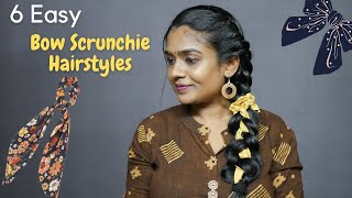 6 Easy Bow Scrunchie Hairstyles | Simple Everyday Hairstyles | 1 Minute Hairstyles
