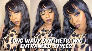 Long & Wavy Black Synthetic Wig With Bangs | Entranced Styles | Lindsay Erin