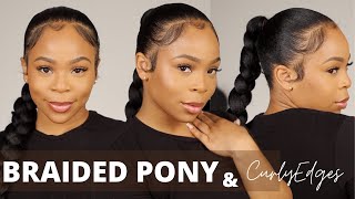 How To: Sleek Jumbo Braided Ponytail & Big Curly Edges (No Hairpins)