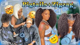 Double Sleek Frontal Ponytails! Pigtails W/Kinky Curly Weave | #Viral Ft. #Ulahair