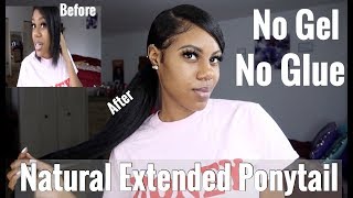 Deep Side Part Extended Ponytail On Natural Hair No Glue, No Gel, Kinky Straight Bundles