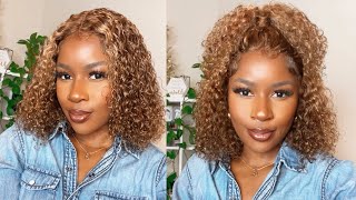 The Perfect Curly Honey Blonde Wig For Brown Skin!!! Easy Install | Cut & Style!!|Unice